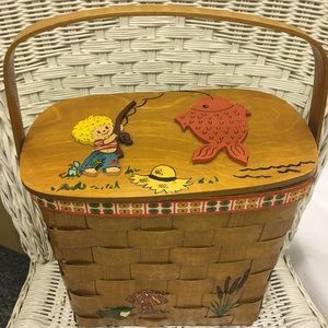 VTG 70's Hand Painted 3D Boy Wooden Basket  Purse